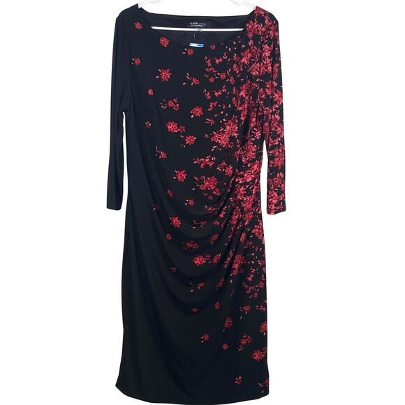 Evan-Picone Dress Women’s XL Black Label Red and Black Floral Midi 3/4 Sleeve - Picture 1 of 8